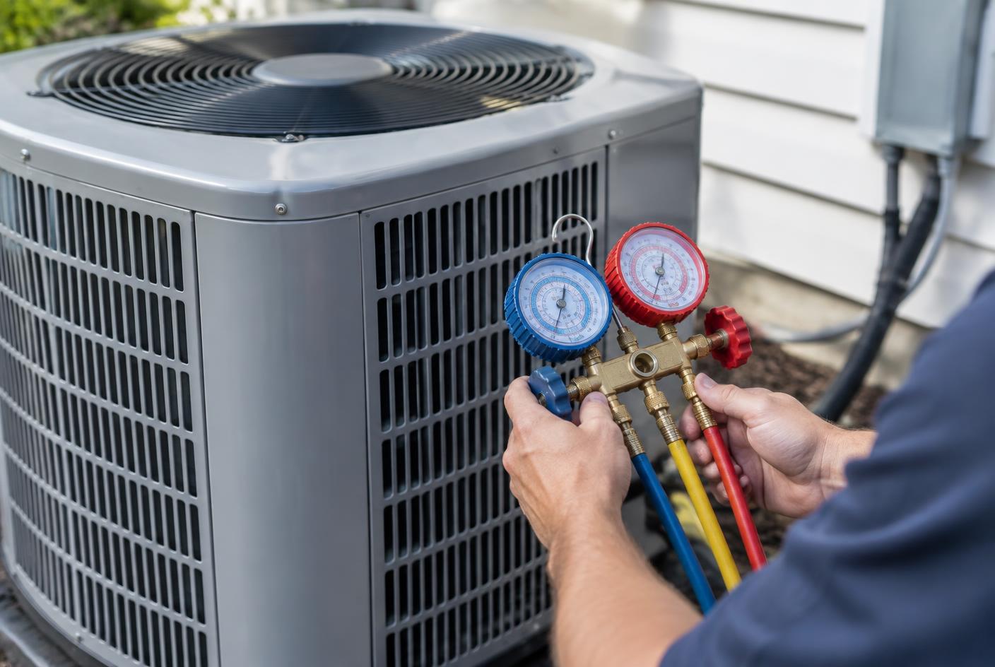 Technician checking refrigerant pressures on a residential air conditioner near Whitehall, Montana