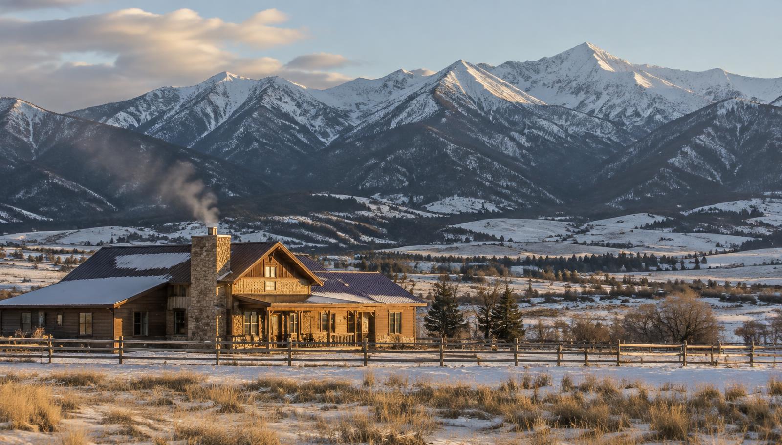 Montana ranch home with snow-covered mountains near Whitehall in the Jefferson Valley